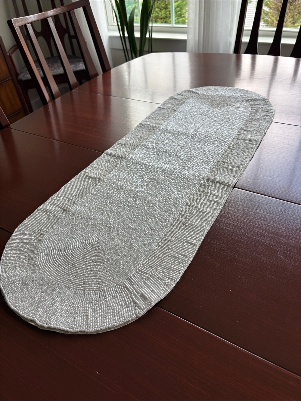 At Home Hand crafted Beaded oval table runner textured,shimmer,elegant,holiday